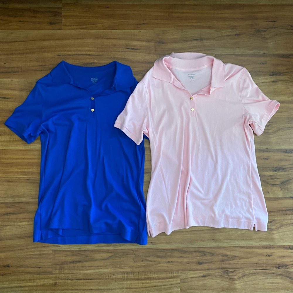 2 Kim Rogers Perfectly Soft Pink & Blue Polos with Gold Faux Buttons